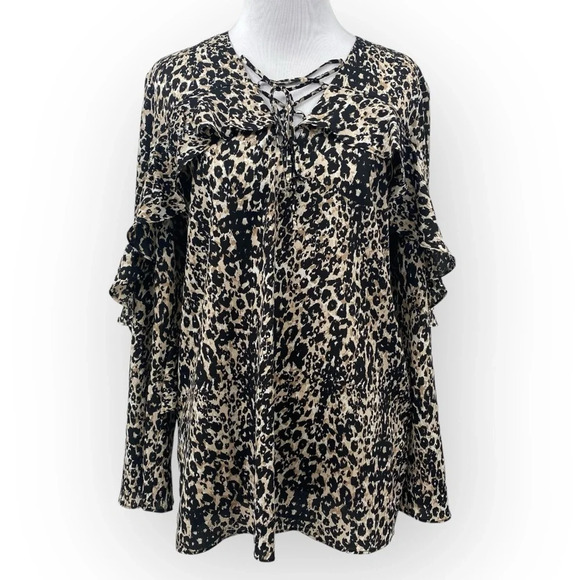 Mika Mindel Blouse Womens Size Medium Black Cream Cheetah Ruffle Fringe‎ Sleeves - Picture 1 of 13